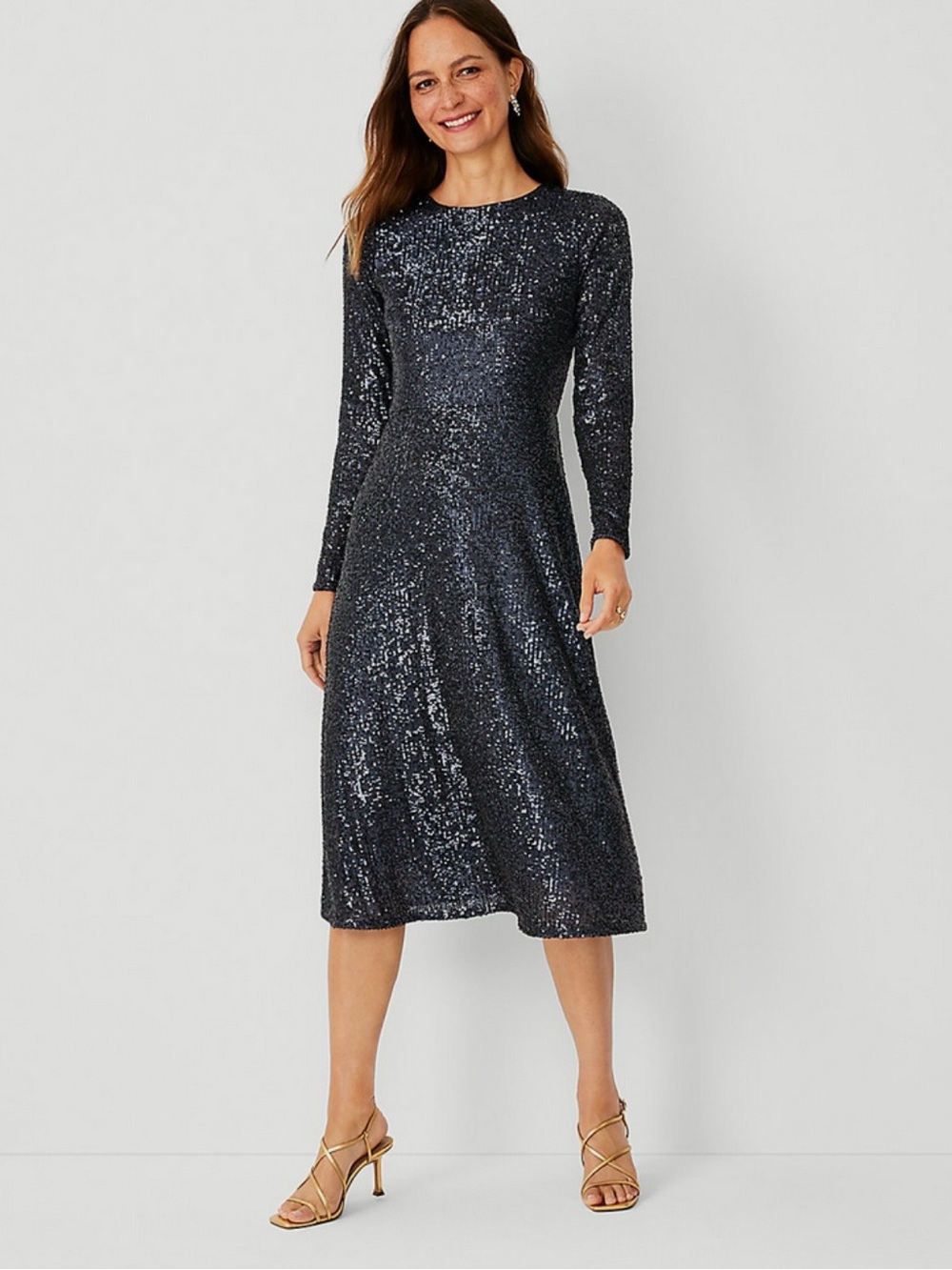 Ann Taylor Navy Sequin Long Sleeve Midi Dress